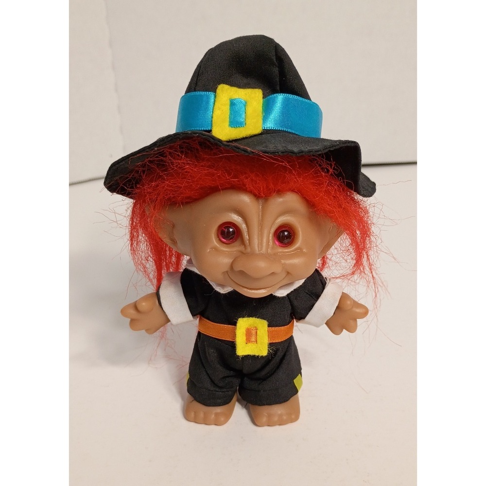 Vintage ACE Pilgrim Thanksgiving 5" Troll Doll With Outfit Red Hair Pink Eyes